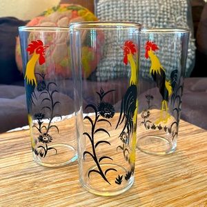 Vintage Retro Glass Drinking Glasses Black Rooster High Ball Barware Bar Decor
